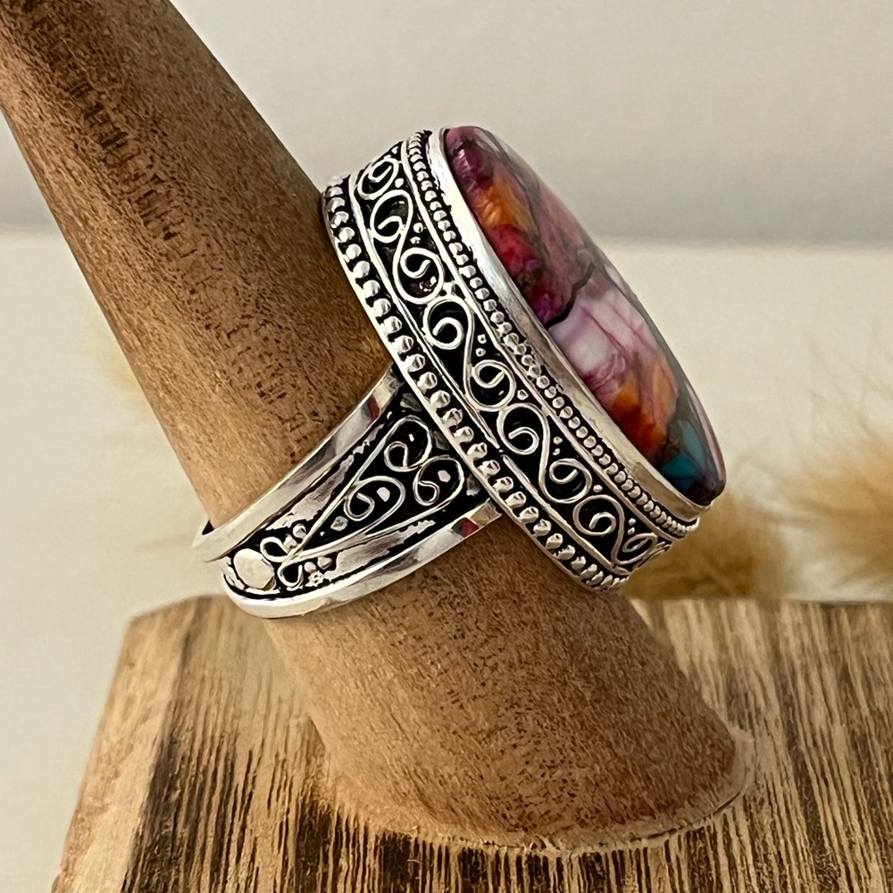 New 925 Stamped Silver Overlay Pink Dahlia Turquoise Gemstone Ring Size 9 - Picture 2 of 10